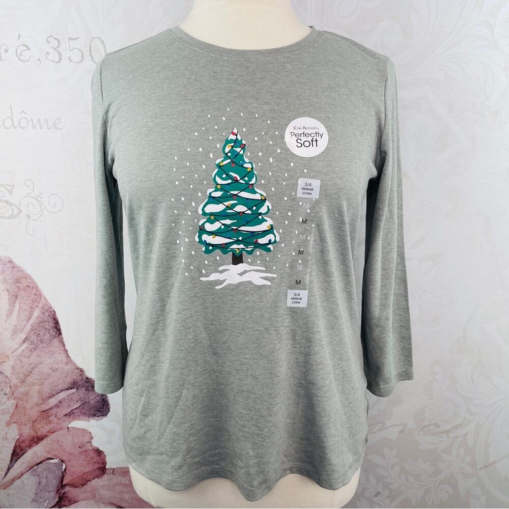 Kim Rogers Perfectly Soft Christmas Tree Grey T-shirt MEDIUM NWT